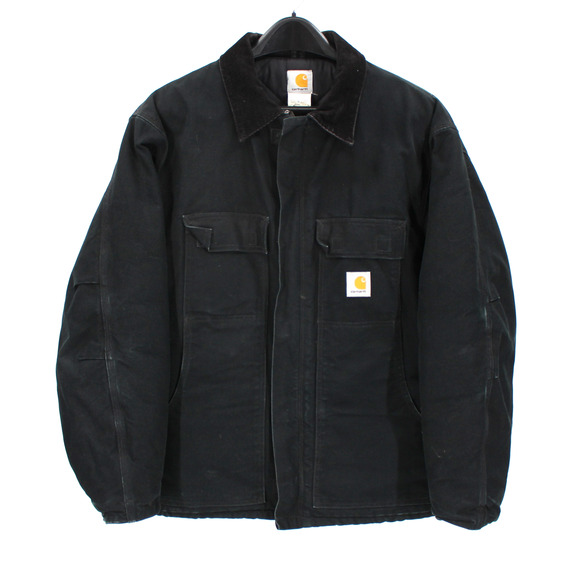 Carhartt Black Quilt Lined Corduroy Collar Work Duck Coat 46R Barn Chore Jacket